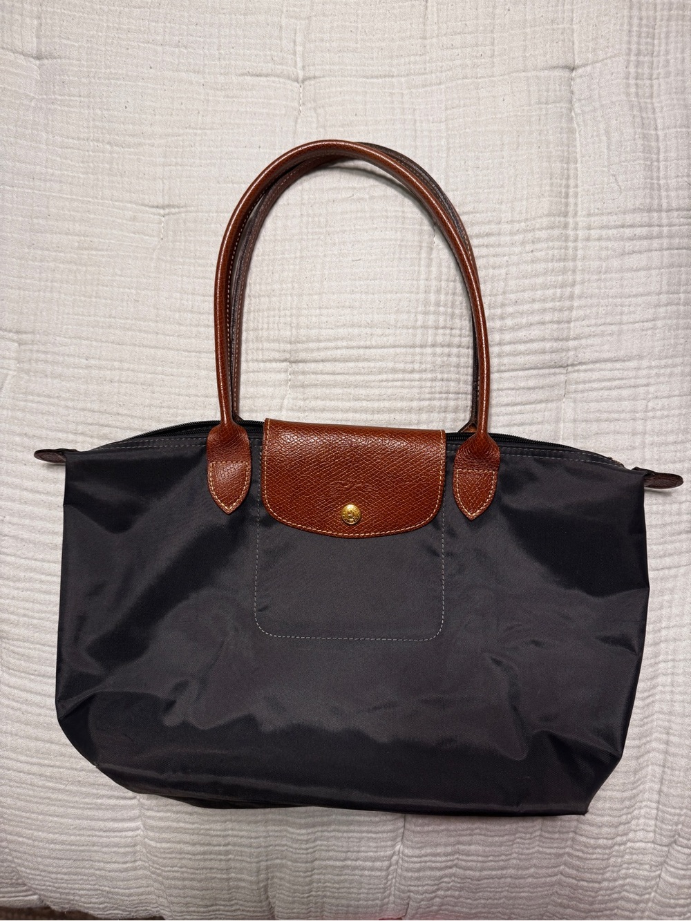 Longchamp Le Pliage Small Dark Gray Nylon Shoulder Tote Brown Leather - Picture 2 of 12